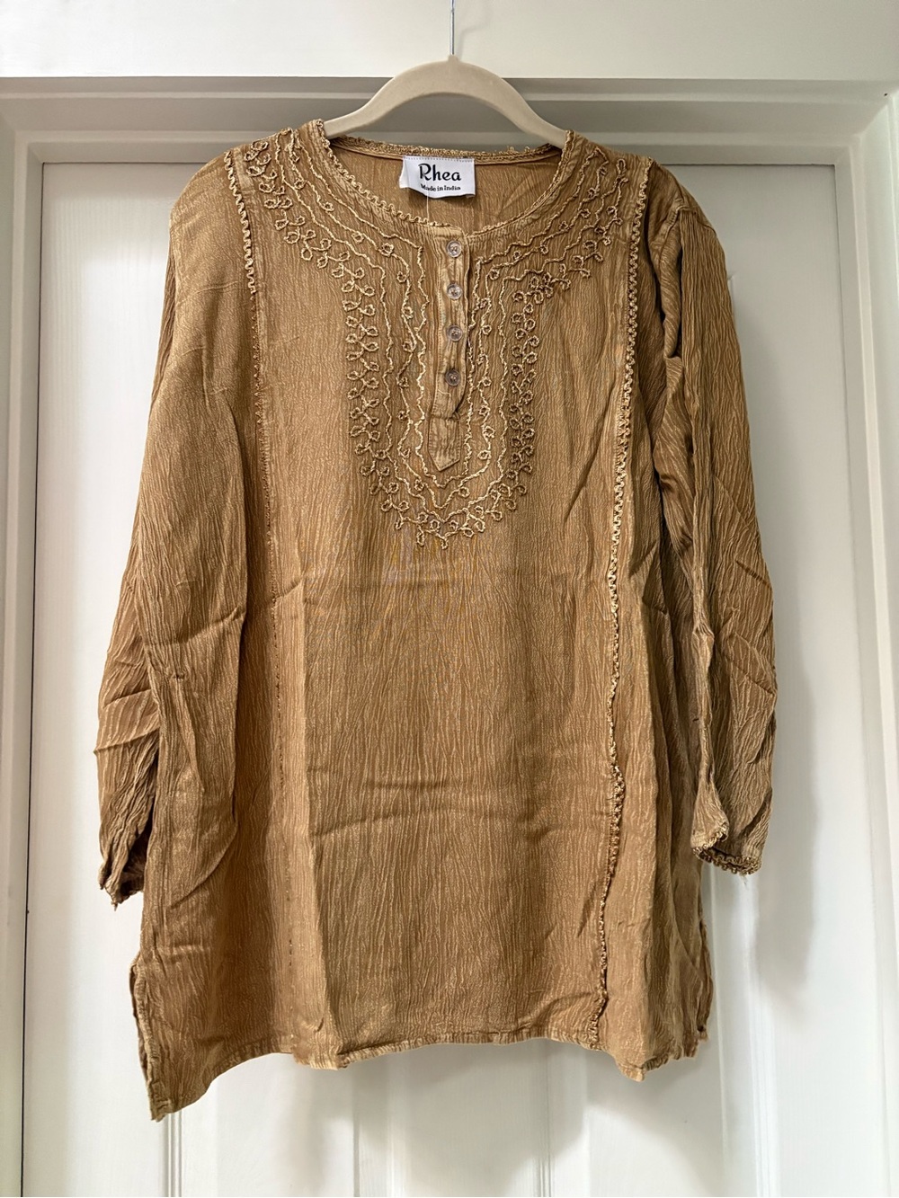 Women's Embroidered Long-Sleeve Blouse in Camel